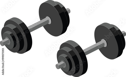 Black dumbbells illustration, gym fitness equipment, weightlifting tools, strength training weights, bodybuilding workout gear, muscle building, isolated white background