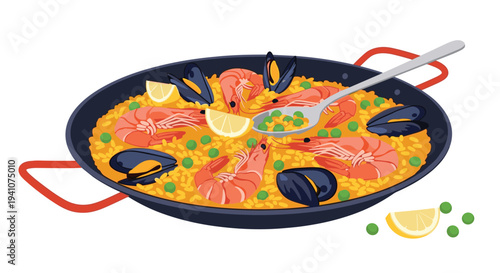 Traditional Spanish paella cooked in a large pan with yellow rice, shrimp, mussels, peas, and fresh lemon wedges.