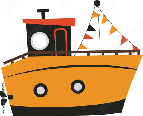 Cartoon fishing boat illustration, colorful maritime vessel with cabin, nautical sea transport ship icon, flat vector style isolated design