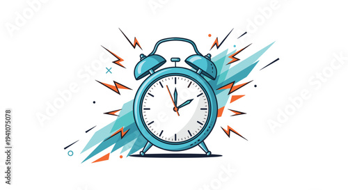 Vibrant blue alarm clock ringing loudly with energetic lines and geometric shapes to represent a morning wake-up call.