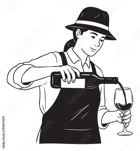 A sommelier wearing a hat and apron carefully pours red wine from a bottle into a glass, perfect for illustrating wine service, beverage industry, or hospitality themes.