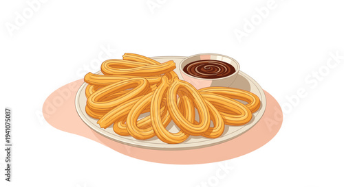 Plate of traditional Spanish churros fried dough pastries served with a small bowl of thick chocolate dipping sauce.