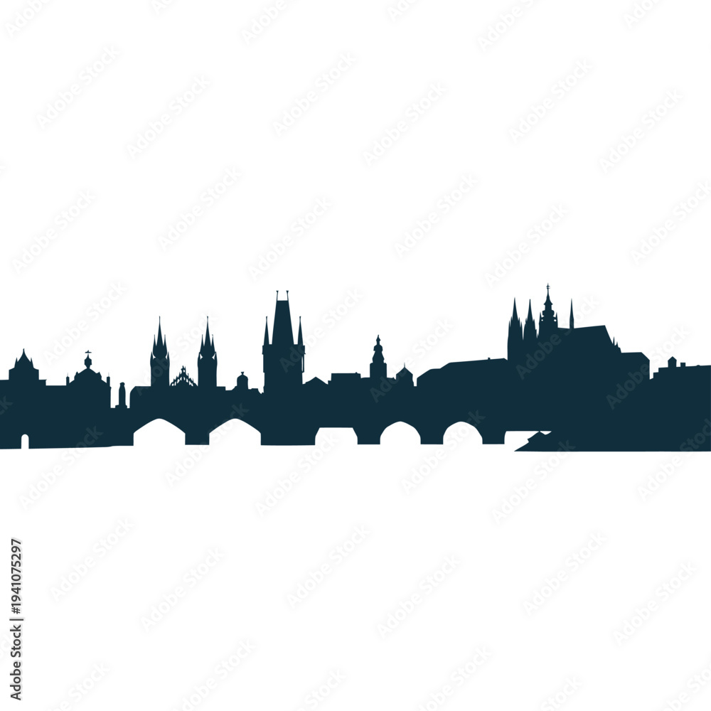 Naklejka premium Silhouette of prague cityscape featuring charles bridge and gothic architecture