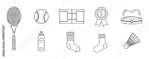 Collection of sports equipment and athletic accessories in outline style perfect for fitness applications event promotions and healthy lifestyle content