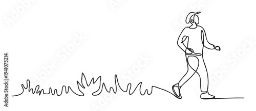 Continuous line drawing of a person walking or jogging outdoors for healthy lifestyle and physical activity concepts ideal for active living content