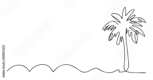 Minimalist continuous line drawing depicting a tropical palm tree beside gentle ocean waves, ideal for modern summer holiday marketing, beach destination promotions, and vacationthemed