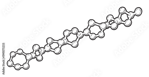 This intricate chemical molecule diagram with interconnected atoms and ring structures provides an abstract representation for science education materials and technological presentations