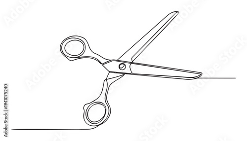 Modern and minimalist line drawing of sharp open scissors, ideal for professional stationery supplies, craft tools, creative school projects, or stylish salon business branding.