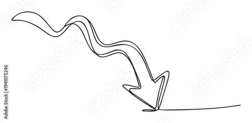 Continuous line drawing of a downward arrow symbolizing economic decline or a negative trend, perfect for business presentations, financial reports, and data visualization graphics