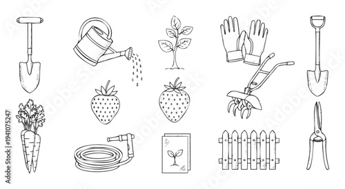 Essential gardening tools and fresh produce outlined in a delightful doodle style, perfect for springtime projects and agricultural guides