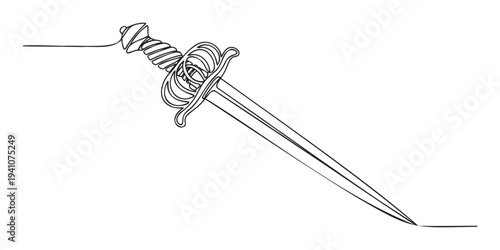 Elegant continuous line drawing of an antique historical dagger or small sword, perfect for minimalist graphic resources and engaging design projects with a classic or medieval theme.