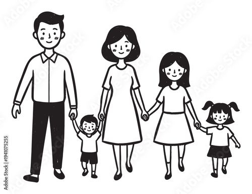 Happy family of five including father, mother, son, and two daughters holding hands and walking, perfect for illustrating concepts of family bonding, support, and parental love for various