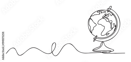 One continuous line art depicting a world globe on a stand with an extending wavy line, perfect for educational content, travel themes, or global connectivity visuals