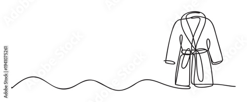 Minimalist continuous line drawing of a comfortable bathrobe with a flowing wavy line, perfect for wellness, luxury resort, or home comfort advertisement materials.