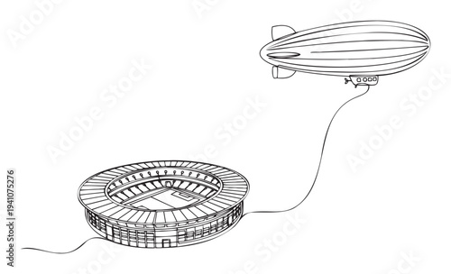 Sports stadium with an overhead blimp connected by a rope, depicting aerial views of events or large venue infrastructure for communication and news applications