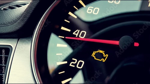 Interior of a modern car and a Check Engine warning light