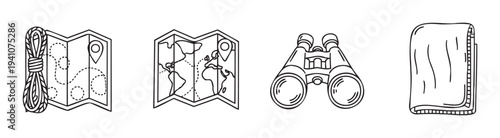 Adventure and travel essentials collection featuring a detailed navigation map, strong climbing rope, clear observation binoculars, and a soft folded blanket, suitable for website visuals