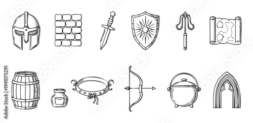 Collection of hand drawn medieval and fantasy adventure items featuring various historical weapons, armor, tools, and objects for gaming or graphic design projects