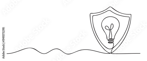 Continuous line drawing of a shield protecting a light bulb symbolizing idea protection and intellectual property security perfect for business presentations and innovation concepts.