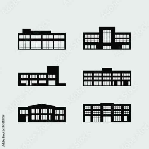 Simple black silhouettes of various building facades and architectural forms