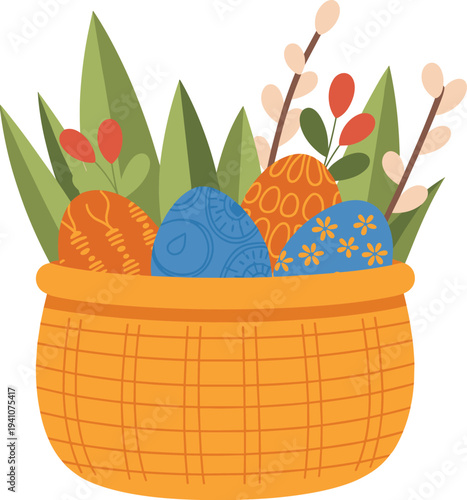 Colorful Easter eggs in basket, spring flowers, festive holiday decoration, traditional celebration concept, bright painted eggs, seasonal spring illustration