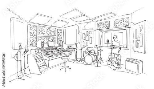 Recording studio environment equipped with professional audio gear including a mixing console, drums, guitars, and microphones for music production, voiceovers, and sound engineering
