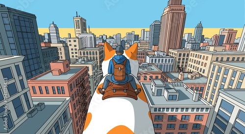 Fantasy Cat Ride Over Cityscape, Person on Giant Cat Flying Above Buildings