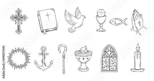 A comprehensive collection of handdrawn Christian religious symbols and spiritual elements, ideal for faithbased publications, educational materials, church communication, and inspirational