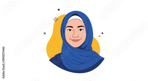 Beautiful portrait of a young woman wearing a blue hijab and a friendly smile set against a yellow abstract shape.
