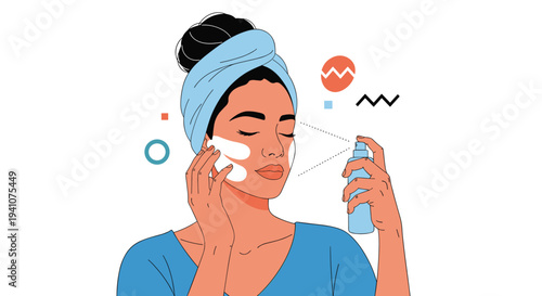 Woman with her hair wrapped in a blue towel spraying her face with a refreshing cosmetic mist for hydration during skincare routine.