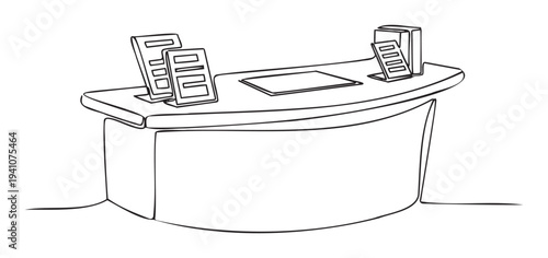 Continuous line drawing of a modern reception desk with brochures displayed, ideal for business, office, or event management presentations and conceptual marketing materials.