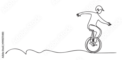 Continuous line drawing of a person riding a unicycle with arms outstretched for balance, representing skill and active movement, perfect for event posters or sports advertisements