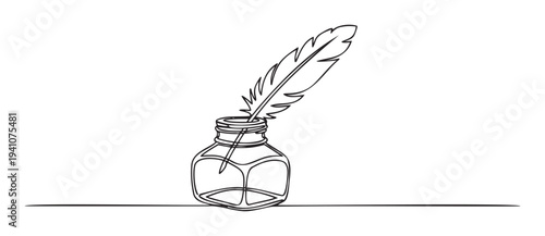 Minimalist continuous line drawing of a feather quill pen in an inkwell symbolizing classic literature history and elegant writing for educational content or stationery branding