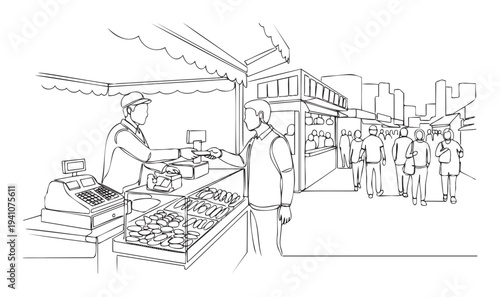 Street market vendor completing a transaction with a customer at a food stall with a cash register, depicting a bustling urban shopping experience for commercial use