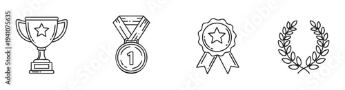 Collection of achievement and success outline icons including a trophy, medal, award badge, and laurel wreath, perfect for various digital and print media applications
