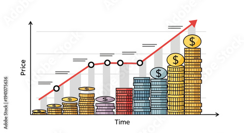 Financial Growth Chart with Stacks of Coins and Upward Arrow