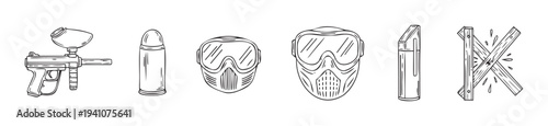 Paintball game equipment collection featuring a marker gun, paint capsule, protective face mask, air tank, and broken obstacle for extreme sport marketing and graphic resources