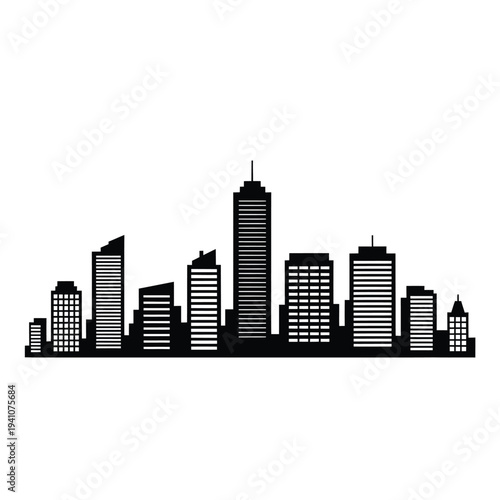 A striking black silhouette depicts a modern city skyline against white