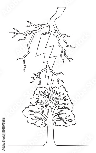 A powerful lightning bolt strikes a tall tree in nature, symbolizing destructive forces and natural phenomena, ideal for environmental education, hazard warnings, or graphic elements