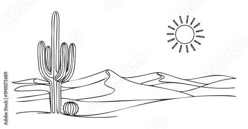 Explore the minimalist beauty of a desert scene featuring a towering saguaro cactus and rolling sand dunes under a radiant sun, ideal for childrens books or naturethemed projects.