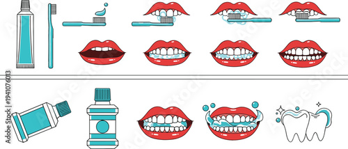 Dental Hygiene Vector Set with Toothbrush, Toothpaste, Mouthwash and Teeth Cleaning Steps Oral Care Illustration
