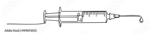 Minimalist continuous line drawing of a medical syringe with a liquid drop hanging from the needle, perfect for healthcare, medicine, vaccination, or drug delivery related visual