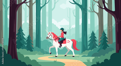 Girl Riding Unicorn Through Enchanted Forest Path