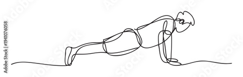 Energetic continuous line drawing depicting an individual in a strong plank or pushup stance, ideal for fitness coaching materials, sports performance graphics, or active lifestyle branding.