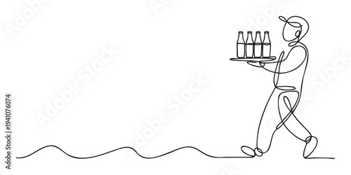 Continuous line drawing of a waiter carrying a tray with bottles, perfect for hospitality advertisements, event invitations, or beverage industry marketing materials