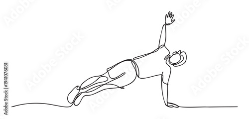Dynamic single continuous line drawing of an athletic person performing a side plank exercise, perfect for illustrating fitness, yoga, and core strength concepts in health and wellness