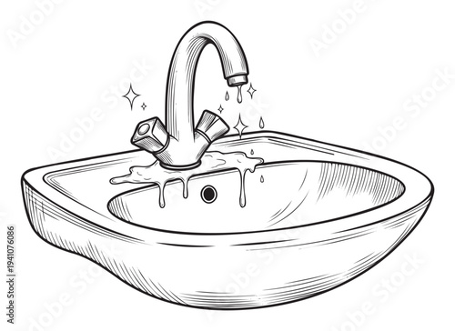 Monochrome drawing of a common bathroom sink featuring a faucet with persistent water drips and radiant sparkles suitable for plumbing company marketing or residential project layouts.