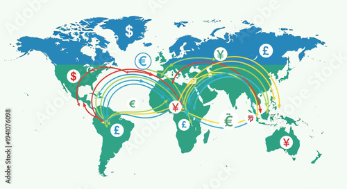Global Currency Exchange and Financial Transactions on World Map