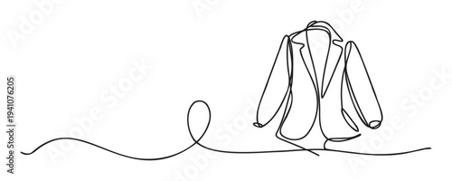 Elegant single line drawing of a sophisticated blazer or jacket, suitable for modern fashion branding, apparel store promotions, professional style concepts, and sleek clothing