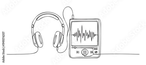 Simple line drawing of headphones connected to a portable music player displaying a waveform and playback controls, perfect for technology and entertainment advertisements or educational